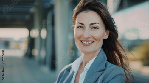 A woman stands confidently outside with a clear sky backdrop, her hair flowing in the breeze, embodying a blend of elegance and strength.