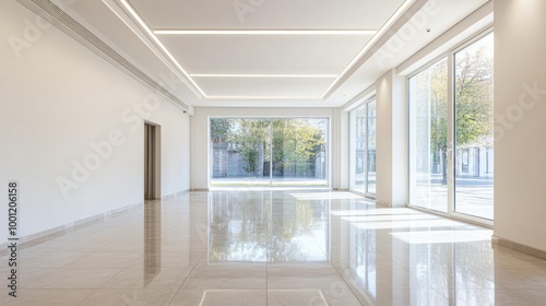 Clean and empty room with shiny ceramic tile floors, ceiling strip lights, and a large window, creating a bright, modern interior.