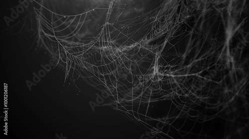 A close-up of intricately woven spider webs, highlighted against a dark background, creating a mesmerizing pattern.