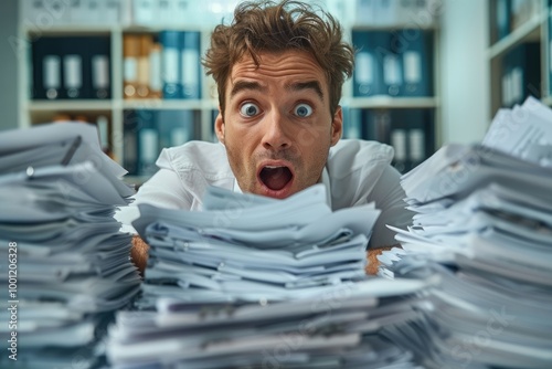 A desk employee looking shocked at a huge pile of papers on his desk.