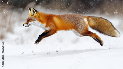 Red Fox Leaping Through Snowy Landscape photo