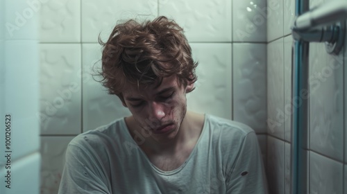 A young man with messy hair sits despondently in a tiled bathroom corner, his body language conveying deep sorrow and contemplation. photo