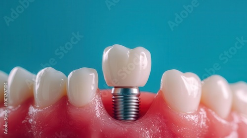 Dental implant restoration on a gum model, blue isolated background. photo