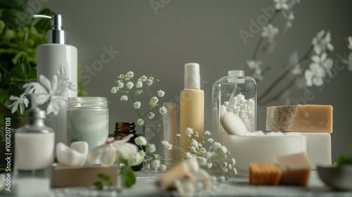 A variety of skincare and spa products in a serene, natural setting with a touch of greenery and soft lighting.