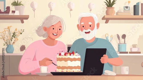 A senior couple celebrating a special occasion together online, cutting a cake in front of a laptop while video chatting with family