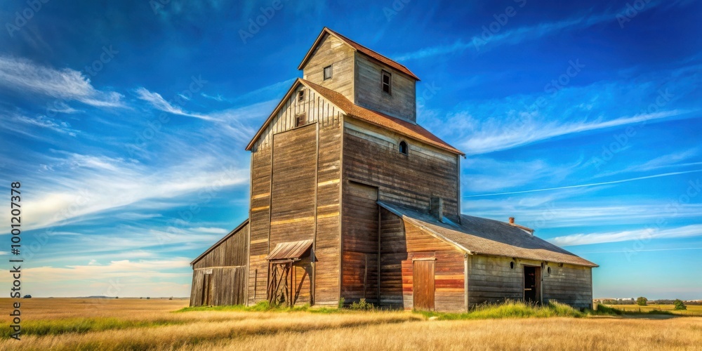 Rustic wooden grain elevator in the Canadian prairies of Saskatchewan under the clear blue sky Rustic wooden grain elevator in the Canadian prairies of Saskatchewan under the clear blue sky
