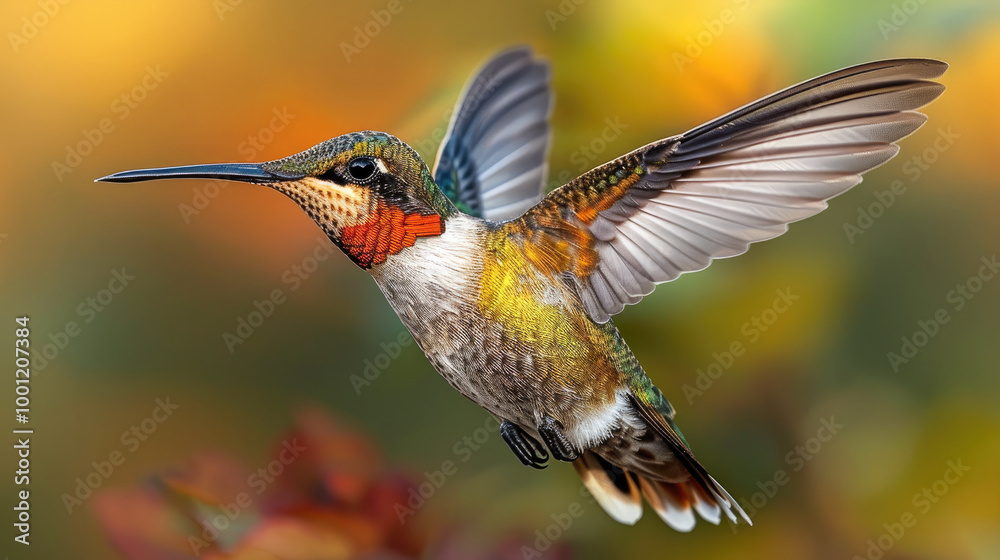 Fototapeta premium A hummingbird in flight, flapping its wings.