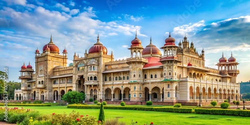 Majestic Indo-Saracenic style palace with ornate architecture, domes, and turrets set amidst lush green gardens and photo