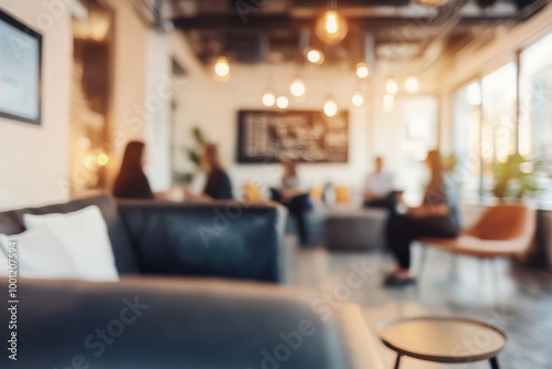 People engaged in conversation in a modern, well-lit café with a cozy atmosphere and decorative pendant lighting during the day