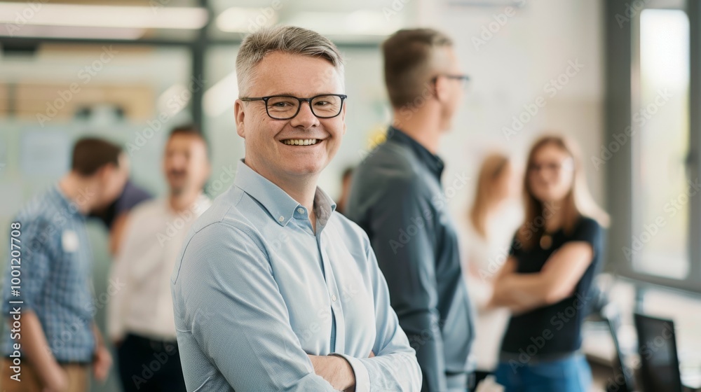 A smiling man in a white shirt stands confidently in a lively office setting, radiating positivity and approachability. A smiling man in a white shirt stands confidently in a lively office setting, radiating positivity and approachability.