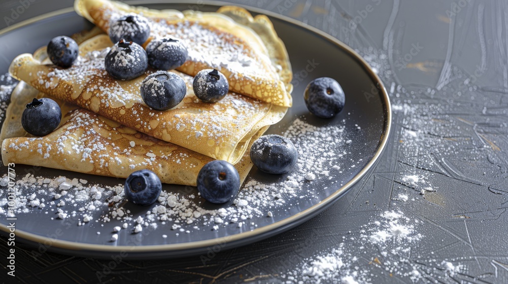 A delicious stack of lightly golden crepes topped with powdered sugar and a scattering of blueberries on a black plate. A delicious stack of lightly golden crepes topped with powdered sugar and a scattering of blueberries on a black plate.