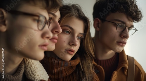 A group of young adults in cozy autumn attire, gazing pensively into the distance, capturing the essence of thoughtful companionship.