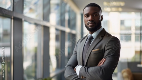 A poised businessman in a tailored suit stands confidently with arms crossed in a modern, glass-walled office.