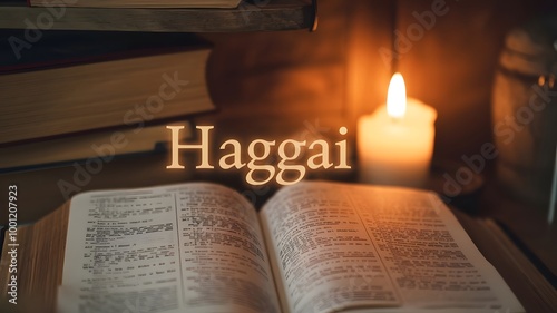 A captivating cinematic view of the Book of Haggai, featuring an open Bible that flickers with candlelight, illuminating the name of the book in a warm glow 