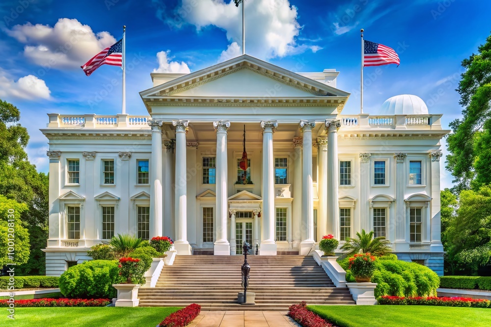 Obraz premium Majestic recently restored iconic government building with gleaming white stone facade, ornate columns, and grand