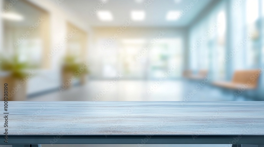 Empty wooden table in foreground with blurred modern office or medical waiting room interior, bright windows and potted plants in background. Empty wooden table in foreground with blurred modern office or medical waiting room interior, bright windows and potted plants in background.
