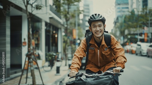 A bicyclist in a city setting, wearing a helmet and a backpack, smiles towards the camera, capturing the energy and dynamism of urban life.