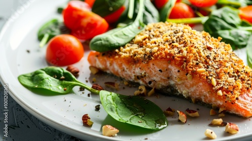 A beautifully plated salmon fillet, crusted with herbs and nuts, accompanied by fresh cherry tomatoes and spinach leaves.