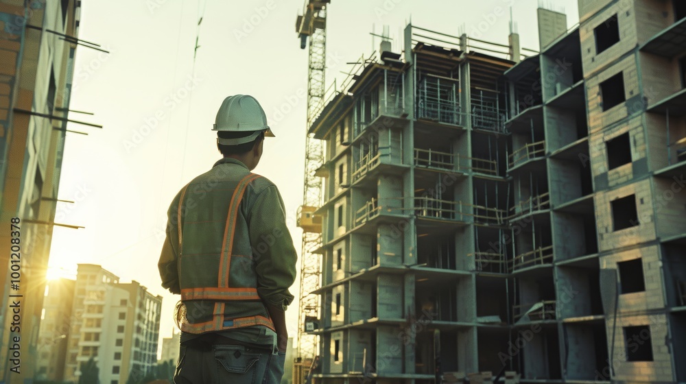 A construction worker in a hard hat and safety vest observing a multi-story building under construction, highlighting progress and development. A construction worker in a hard hat and safety vest observing a multi-story building under construction, highlighting progress and development.