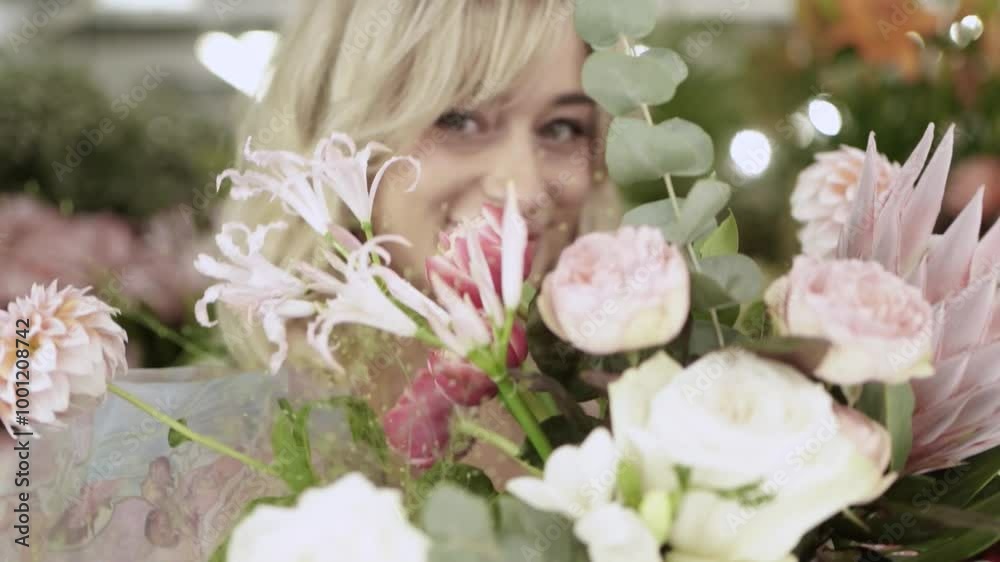 Beautiful Girl Playing with Flowers in Flower Shop Beautiful Girl Playing with Flowers in Flower Shop