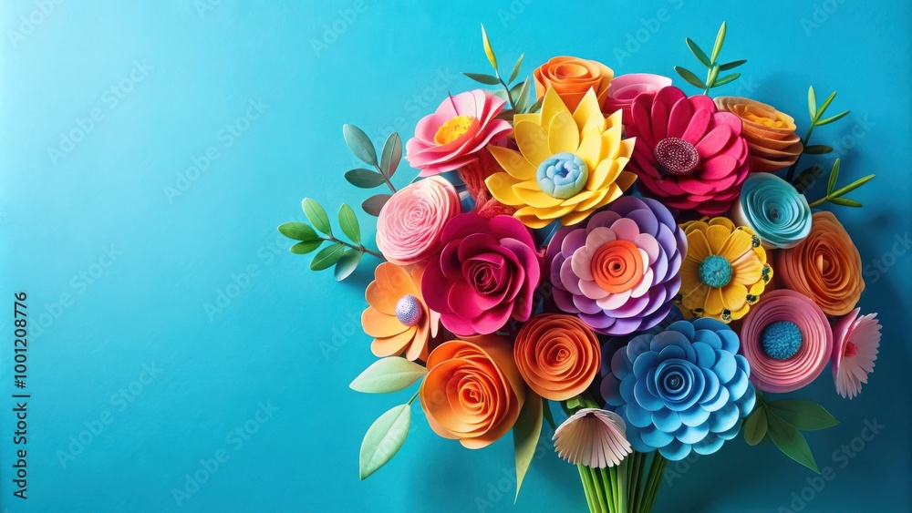 Exquisite Handcrafted Paper Flower Bouquet in Vibrant Colors on Blue Background Exquisite Handcrafted Paper Flower Bouquet in Vibrant Colors on Blue Background