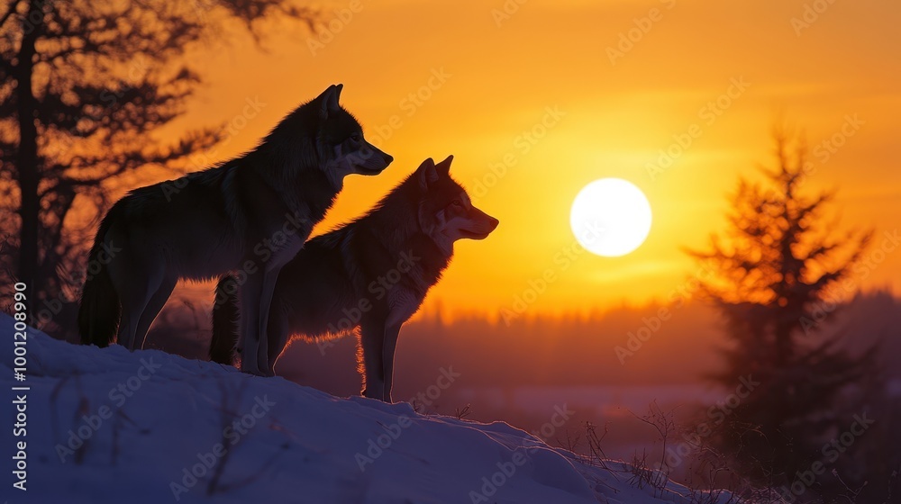 Pair of Wolves Silhouetted Against Sunset Sky