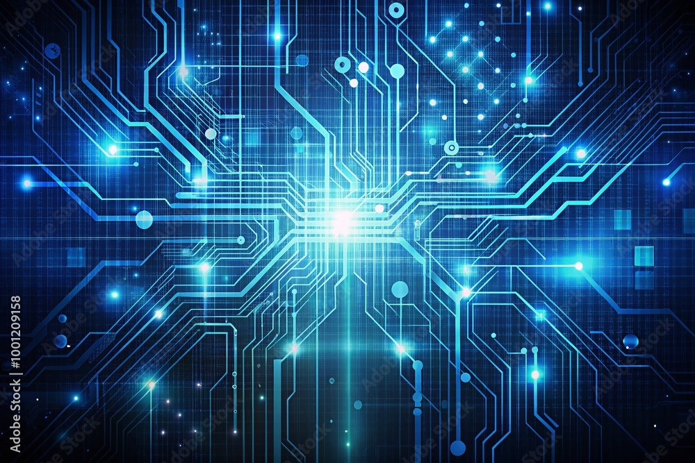 Obraz premium Minimalist dark blue background with blurred hexadecimal code and circuit board patterns, overlaid with subtle