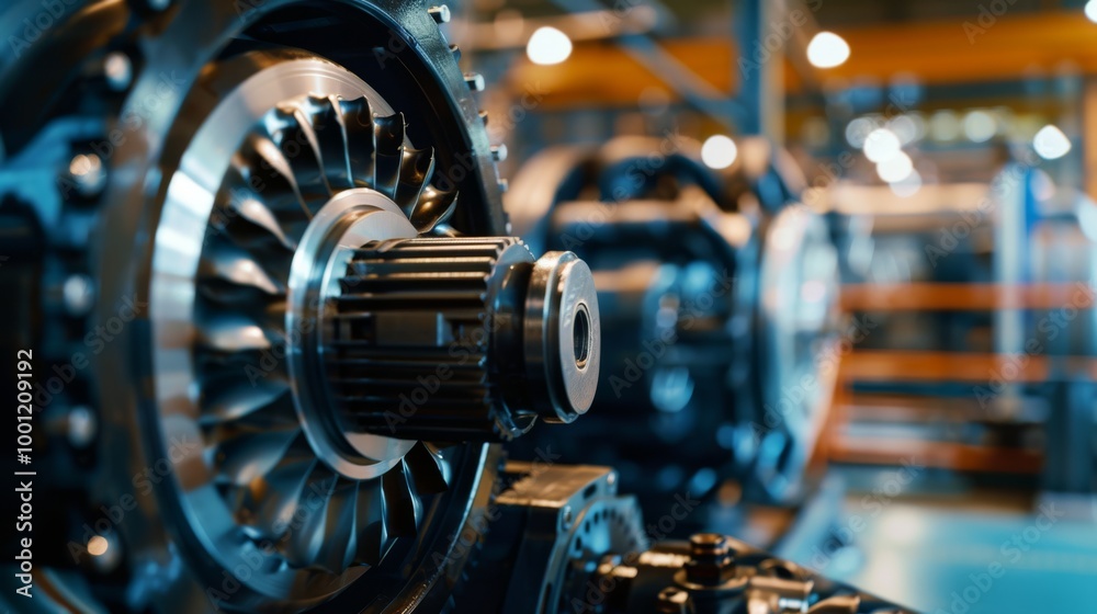 A close-up of a complex industrial machine component, showcasing intricate metal gears and parts under bright factory lights. A close-up of a complex industrial machine component, showcasing intricate metal gears and parts under bright factory lights.