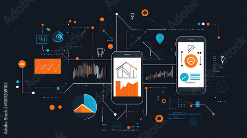 Abstract technology background with connected mobile phones and data charts.