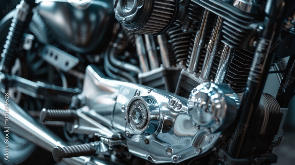 Fototapeta premium Close-up view of a gleaming motorcycle engine showcasing intricate design and metallic sheen, highlighting the craftsmanship and power of the machine.