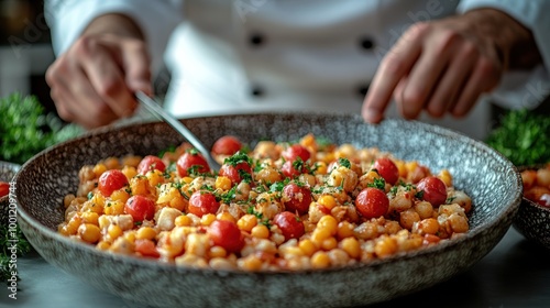 Crafting a delicious meal with colorful ingredients and meticulous attention to detail