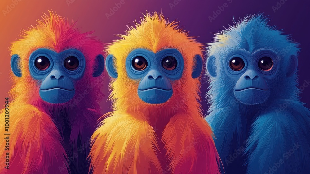 Three vibrant, fluffy beings stand side by side against a colorful backdrop Three vibrant, fluffy beings stand side by side against a colorful backdrop