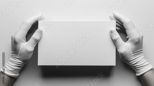 Gloved hands cradle a pristine white box, emphasizing simplicity and elegance photo