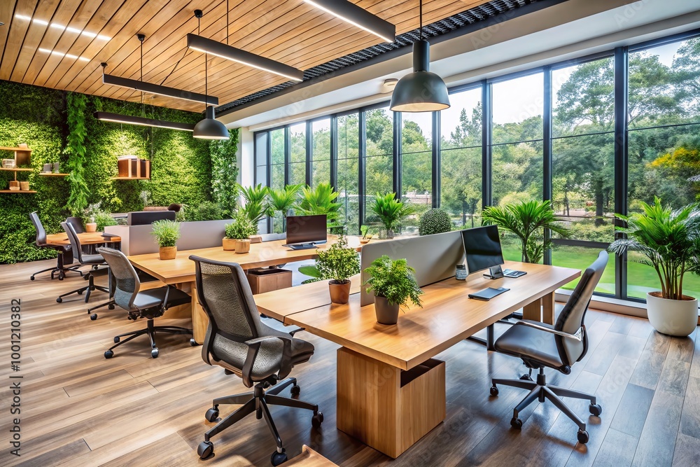 Modern corporate headquarters featuring sleek wooden desks, ergonomic chairs, and minimalist decor, set amidst a Modern corporate headquarters featuring sleek wooden desks, ergonomic chairs, and minimalist decor, set amidst a