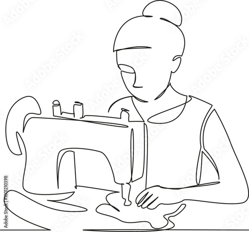 One continuous single drawing line art flat doodle woman, sewing, tailor, person, female, fashion, sewing machine, craft, adult, working. Isolated image hand draw contour on a white background