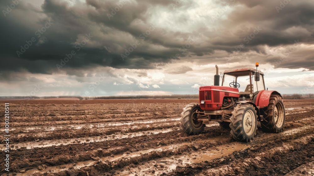 Fototapeta premium A lone red tractor stands in freshly tilled fields under stormy skies, highlighting the grit and resilience of farming life.