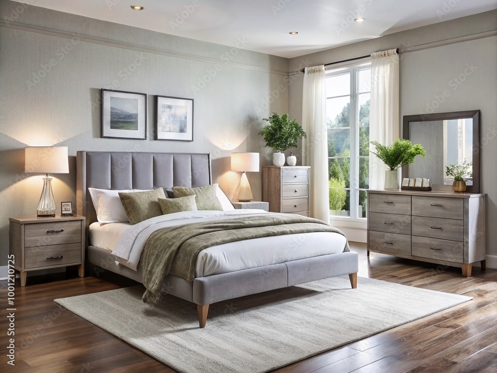 Modern gray bedroom featuring a plush bed, nightstand, and dresser against a sleek white backdrop, evoking a sense Modern gray bedroom featuring a plush bed, nightstand, and dresser against a sleek white backdrop, evoking a sense