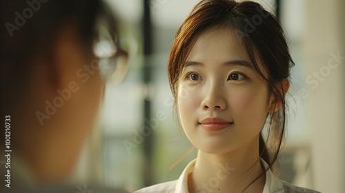 A woman with a serene expression listens attentively, her face softly illuminated by natural light with a blurred background.