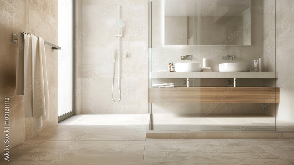 A spacious, modern bathroom with a minimalist design, featuring large glass showers, wooden accents, and a clean, warm ambiance inviting relaxation. A spacious, modern bathroom with a minimalist design, featuring large glass showers, wooden accents, and a clean, warm ambiance inviting relaxation.