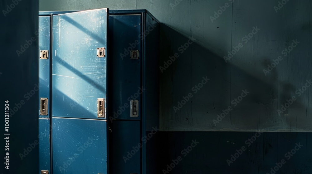 Blue metal lockers cast shadows in a dimly lit room, evoking a sense of nostalgia and solitude. Blue metal lockers cast shadows in a dimly lit room, evoking a sense of nostalgia and solitude.