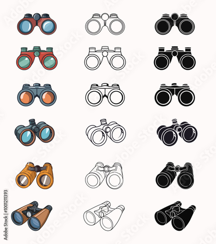 set of Binoculars vector illustration, outline, silhouette on white background