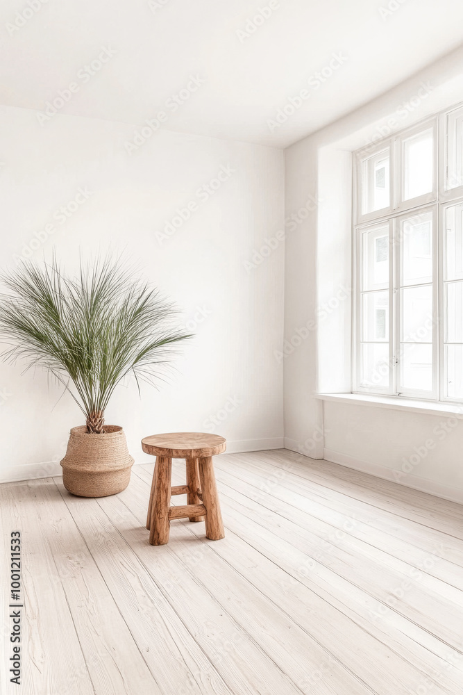 Fototapeta premium Simple interior design featuring a minimalist space with a wooden stool and a potted plant near a bright window on a sunny day