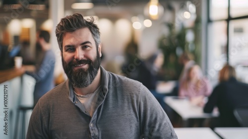 A bearded man smiling warmly inside a lively café, with blurred background patrons, capturing a moment of social interaction and comfort.