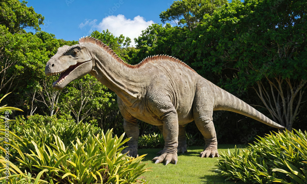 Obraz premium A large dinosaur statue stands in a grassy area, surrounded by lush foliage