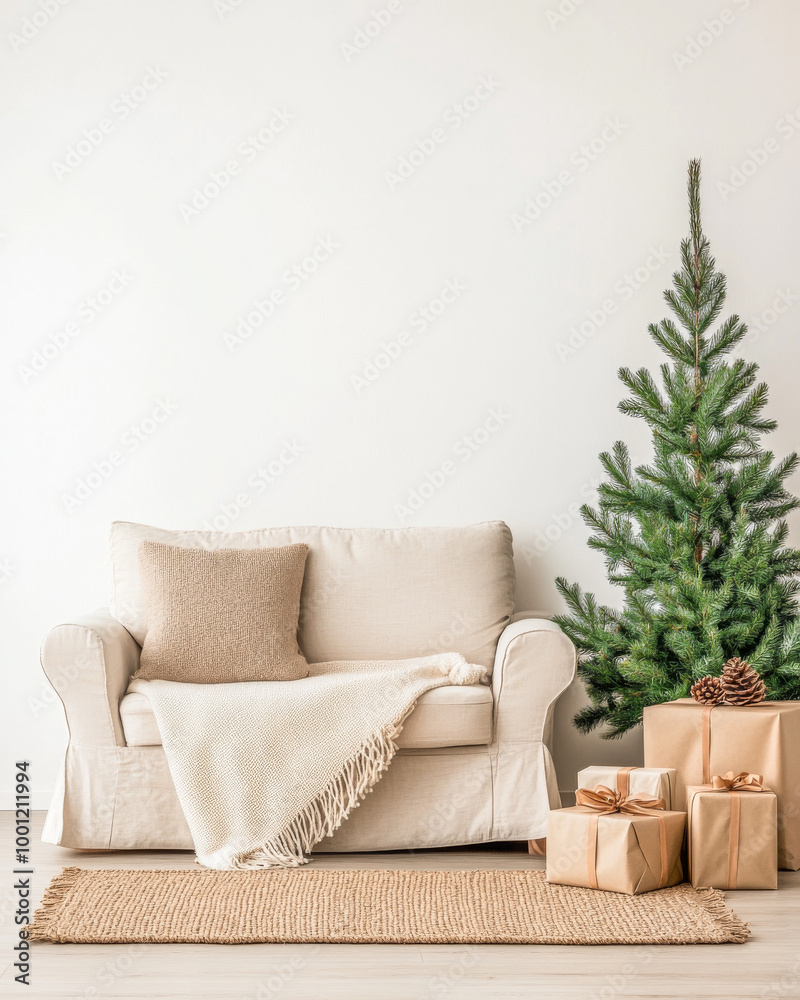 Naklejka premium Cozy living room decorated for the holidays with a Christmas tree and gift-wrapped presents in a warm, inviting atmosphere