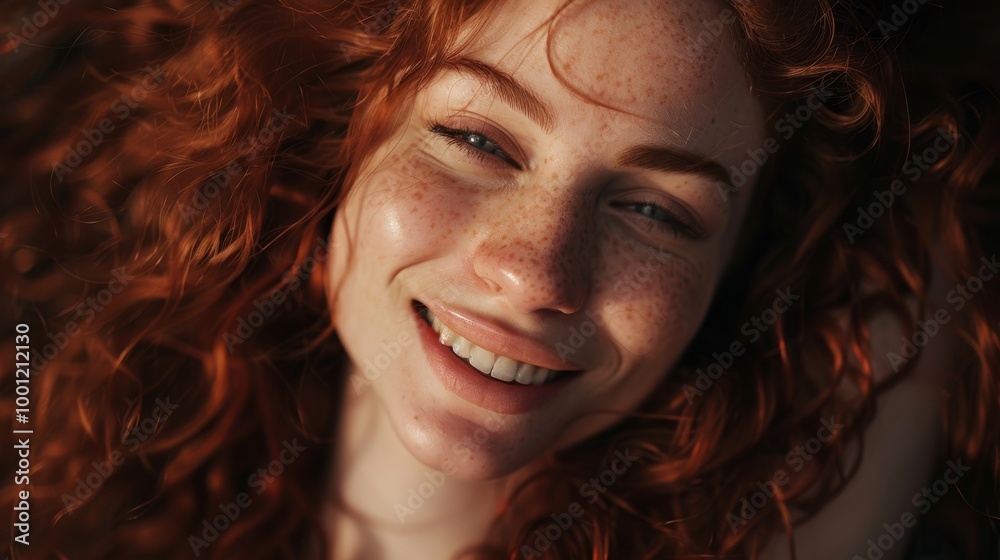 A young woman with curly red hair, freckles, and a radiant smile enjoys a moment of joy under soft lighting. A young woman with curly red hair, freckles, and a radiant smile enjoys a moment of joy under soft lighting.