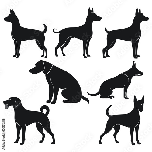 A versatile collection of dog silhouettes in vector format. Ideal for logos, prints, and design projects that feature various canine breeds in minimalist and elegant black and white outlines.