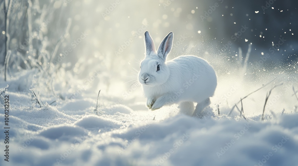 White Hare Running Through Snowy Landscape White Hare Running Through Snowy Landscape