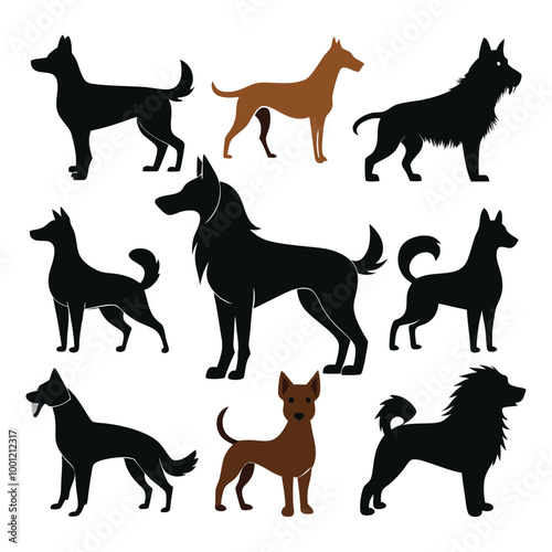 A versatile collection of dog silhouettes in vector format. Ideal for logos, prints, and design projects that feature various canine breeds in minimalist and elegant black and white outlines.