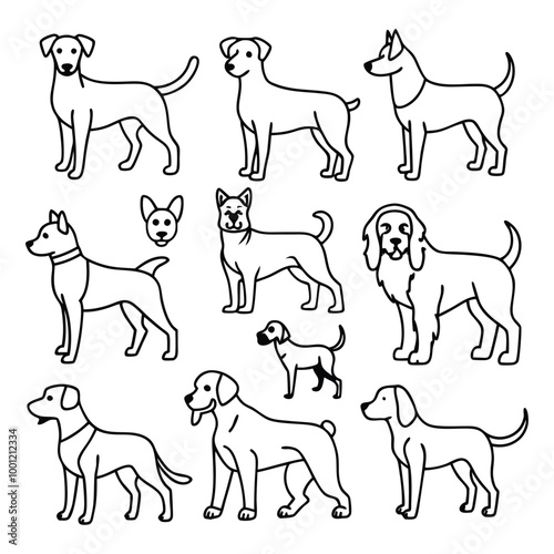 A versatile collection of dog silhouettes in vector format. Ideal for logos, prints, and design projects that feature various canine breeds in minimalist and elegant black and white outlines.